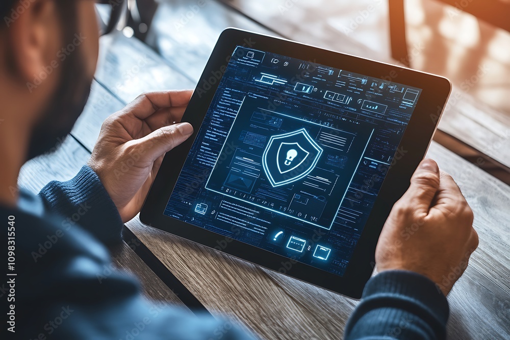 Poster a person using a tablet displaying a digital security interface with a shield icon.