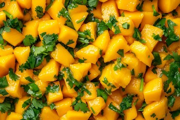 Vibrant Mango Salad with Fresh Cilantro, Featuring Bright Colors and Tropical Ingredients. Suitable for Healthy Eating Content, Cooking Blogs, or Fresh Produce Campaigns