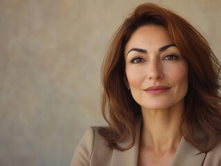 Fototapeta premium turkish businesswoman in her 40s, exuding confidence with her brown hair styled elegantly, set against a neutral background that conveys professionalism and authority