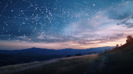 Fototapeta premium Twilight landscape with constellations