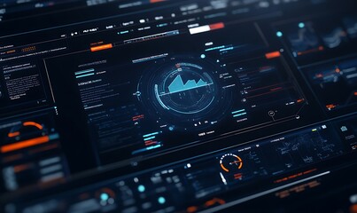 Fototapeta premium A futuristic digital interface displaying data analytics and visualizations.