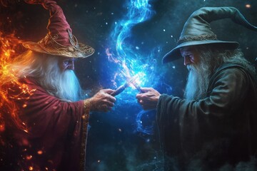 Duel between two powerful wizards with intricate spell effect details, captured using standard lens on clashing magical energy lighting, with copy space