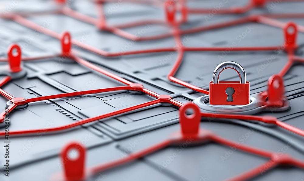 Poster a digital map with red pathways and a padlock symbolizing security and connectivity.