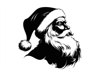 imagine cartoon style silhouette of Santa's head, black and white high contrast, all black areas contingues, white background