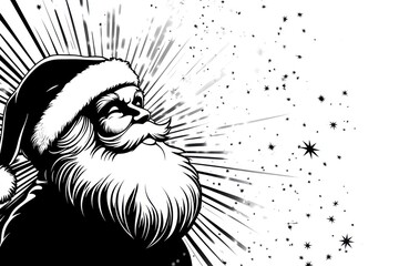 imagine cartoon style silhouette of Santa's head, black and white high contrast, all black areas contingues, white background