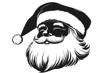 imagine cartoon style silhouette of Santa's head, black and white high contrast, all black areas contingues, white background