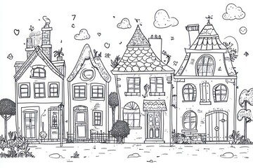 Kids coloring pages, building houses. Bold strips of black and white line art, clean style, outline art bold and exaggerated, cartoon style, no shading, digital drawing