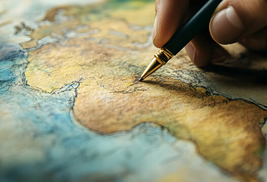 A hand gently holds a pen, tracing lines on a vibrant map of Africa, inviting adventure