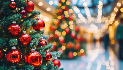 Close-up of beautifully decorated Christmas tree branches with red ornaments and blurred festive lighting in shopping mall