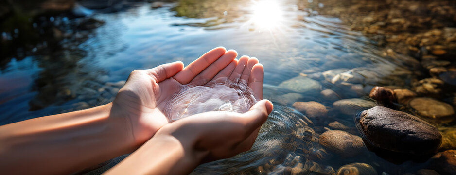 Close-up of hands holding water from a clear natural stream in a sunny forest.