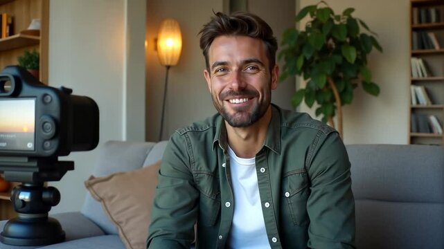 Smiling man talking to camera in cozy indoor setting with warm lighting.
