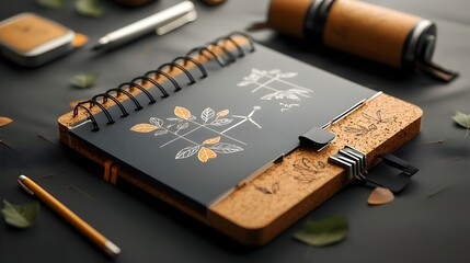 Recycled organic notebook with soy based ink sketches of renewable energy sources and cork cover embossed with leaf patterns designed for a sustainable business development curriculum