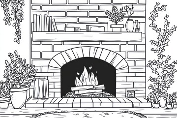 monochrome, kawaii style, cute coloring page of A minimalist fireplace like a cartoon style, thick lines, flat abstraction, bold outlines for a coloring book