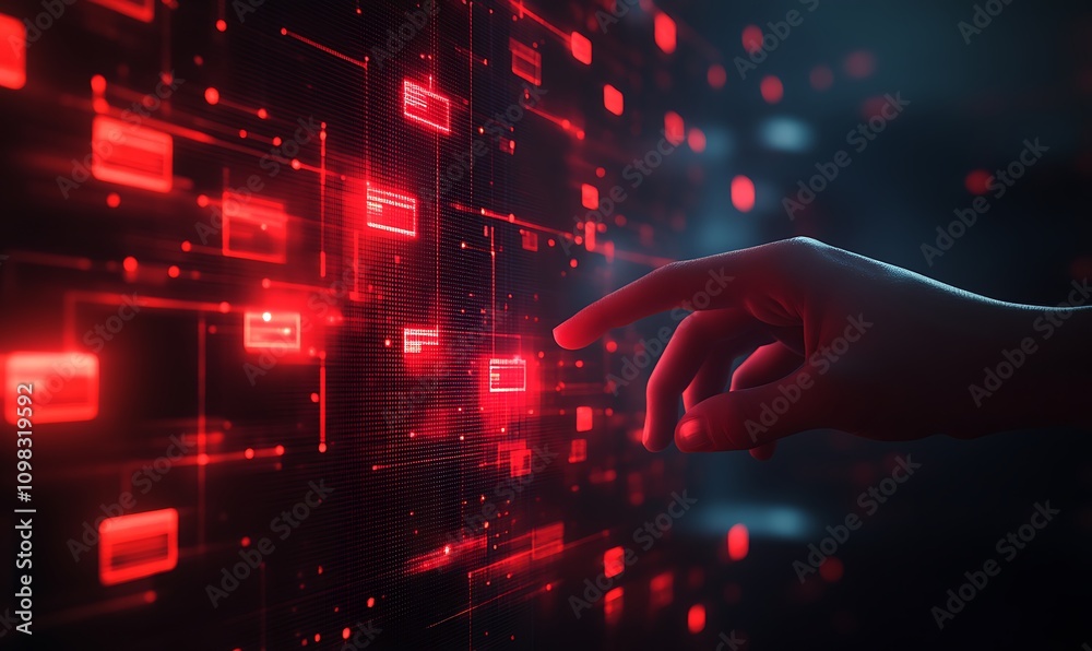 Poster a hand interacts with a digital interface displaying red data connections and nodes.