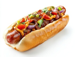 vibrant hot dog isolated on a pristine white background, showcasing its appetizing toppings and glossy bun, ready to be enjoyed, evoking a sense of casual enjoyment and comfort food