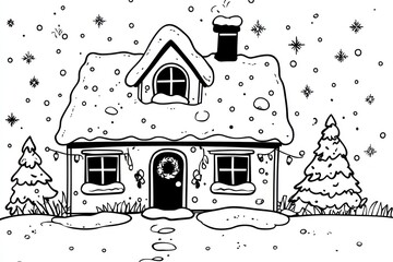 Simple cartoon-style black and white line drawing of a cozy cottage with a snow-covered roof, decorated with holiday lights and a wreath on the door. Snowflakes are falling