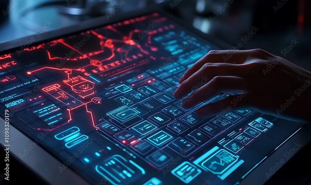 Poster a futuristic touchscreen interface displaying digital data and controls.