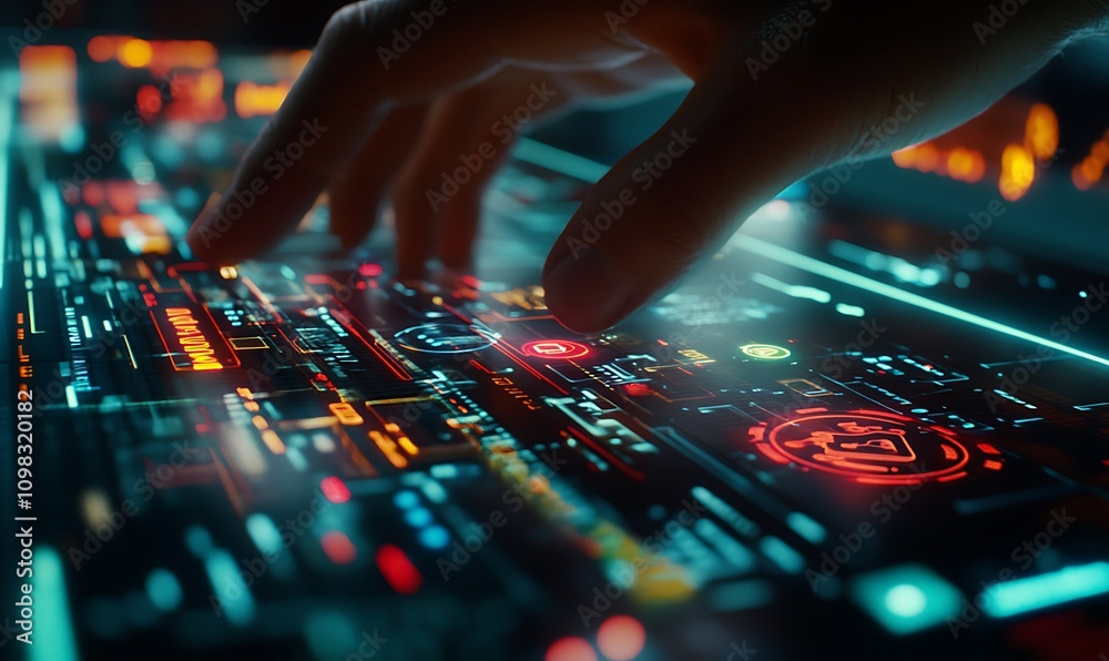 Poster a hand interacts with a futuristic, illuminated digital interface displaying data and controls.