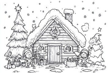 simple line art illustrations for coloring book pages, with a Christmas theme, shows a Santa's Workshop with Elves. picture is isolated on a white background