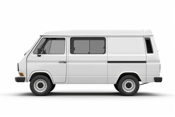 A side view of a white van, showcasing its simple design and functional purpose.