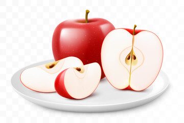 Obraz premium Ripe juicy apples on a white plate isolated on a transparent background. Whole apple fruits and sliced. Healthy vitamin food. Realistic 3d vector illustration