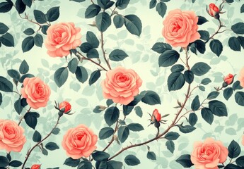Beautiful Vintage Floral Pattern Featuring Soft Pink Roses with Green Leaves on a Light Background Ideal for Backgrounds and Textile Designs