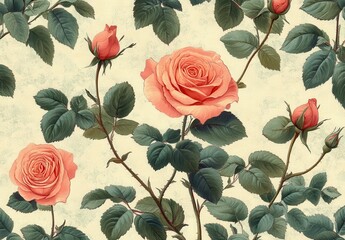 Beautiful Vintage Floral Pattern with Pink Roses and Green Leaves on a Soft Background Ideal for Home Decor and Elegant Design Projects