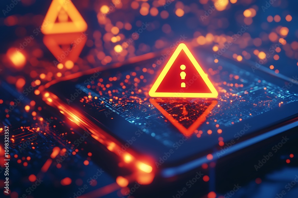 Poster a digital device displaying a warning symbol, indicating a security alert or issue.