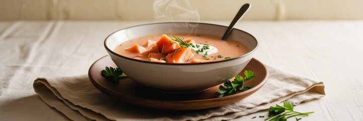 A steaming bowl of Finnish-Icelandic salmon and cream soup with tender chunks of salmon, fresh dill, and a dollop of cream