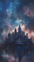 Fototapeta premium Fantasy city skyline under starry night