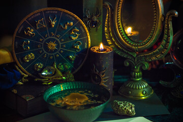 Rite on Christmas, wicca or pagan energy magic. Christmas eve prediction. Attracting love, money and luck into your life. Candle magic