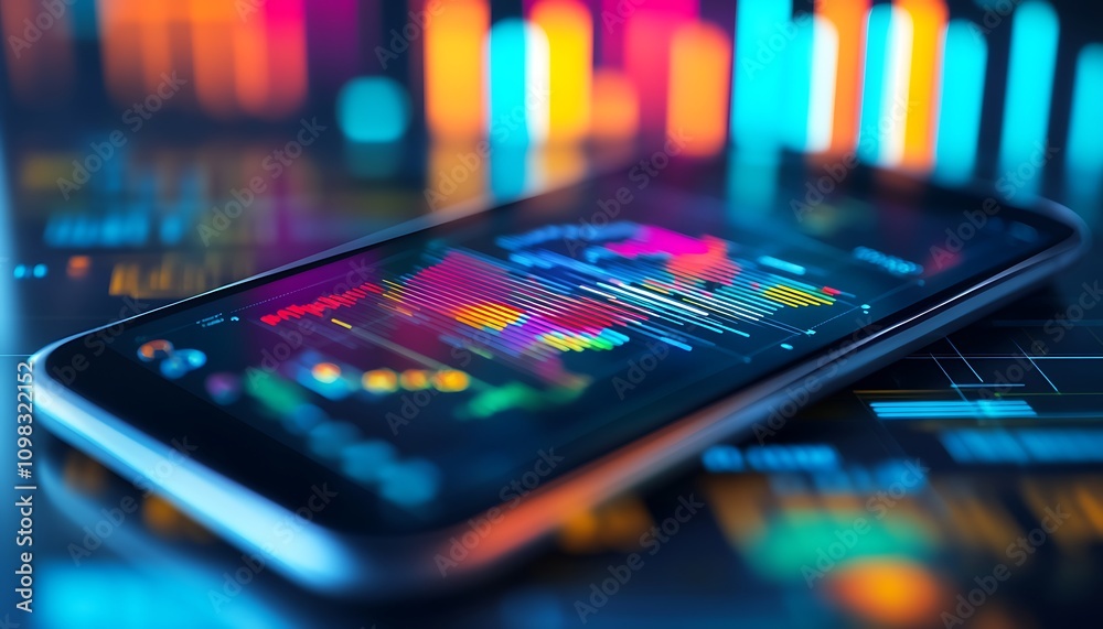 Poster a smartphone displaying colorful data visualizations and graphs on a digital background.