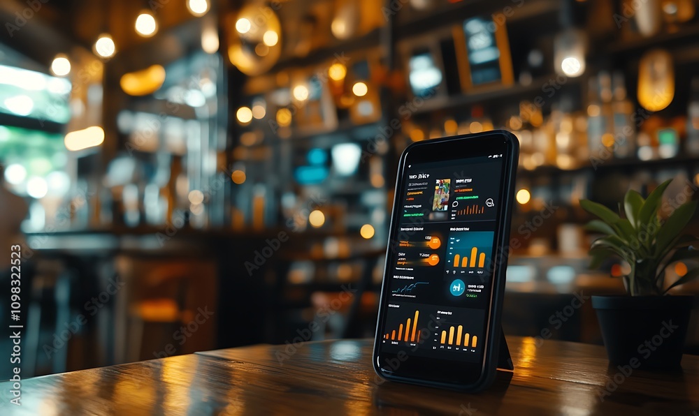 Poster smartphone displaying data analytics in a cozy caf? setting.