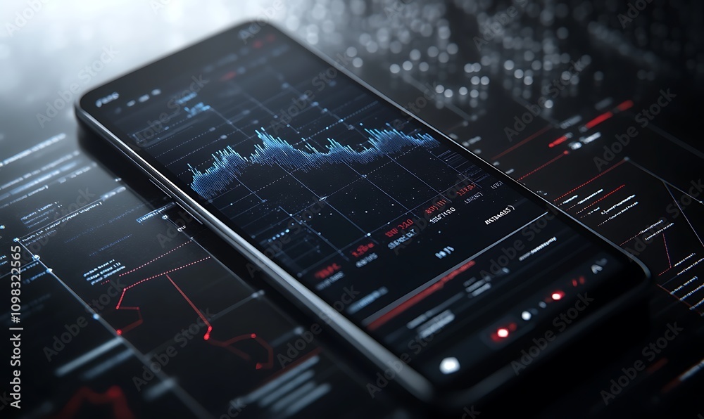 Poster a smartphone displaying a data analysis graph on a digital interface.