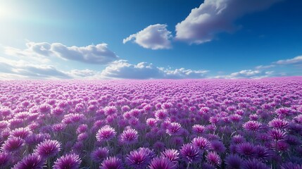 Fototapeta premium A vibrant field of purple flowers under a bright blue sky with fluffy clouds.
