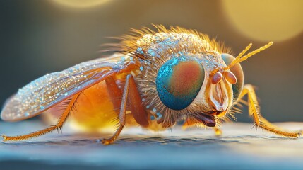 Detailed Macro Shot of Housefly with Iridescent Wings and Compound Eyes on Smooth Surface