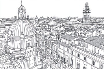 a coloring book page of the top view of an italian city with buildings and church domes. It's black-and-white line art illustration, thick lines, no shading, clean background, flat design style