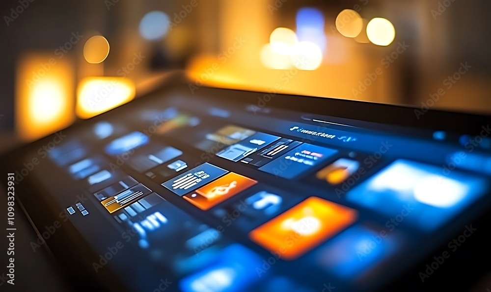 Poster a close-up of a touchscreen interface displaying various digital options and applications.