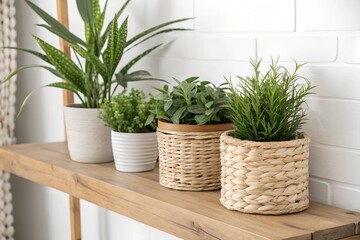 Obraz premium Background with Minimalist decoration with green plants in wicker and ceramic pots