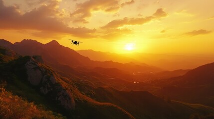 Naklejka premium Sunset mountains drone flying scenery