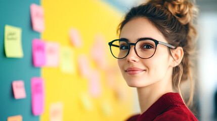 Creative woman in glasses smiling at brainstorming session with colorful sticky notes. atmosphere is collaborative and inspiring, perfect for innovative ideas