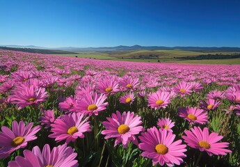 Obraz premium Expansive Field of Vibrant Pink Daisies Under a Clear Blue Sky with Rolling Hills in the Background on a Bright Sunny Day