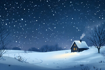 Naklejka premium Soft snowflakes gently fall upon a tranquil cottage, illuminating the winter night with warmth