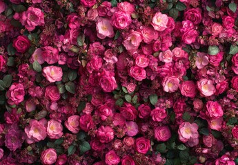 Obraz premium Lush Floral Background Featuring a Vibrant Array of Pink Roses and Green Leaves Creating a Colorful and Romantic Atmosphere for Various Projects
