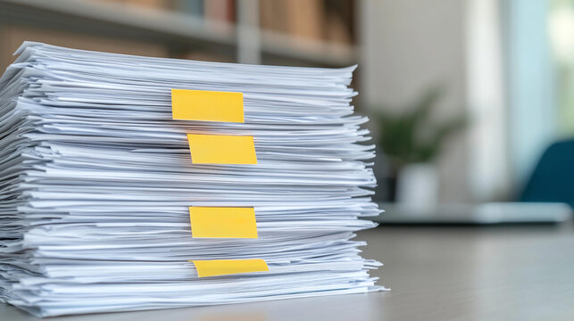 Organized stack of documents with yellow sticky notes for easy reference. This captures essence of efficient paperwork management in office setting