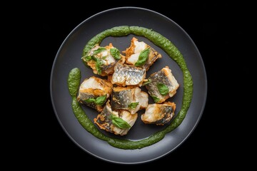 golden-brown chunks of fried fish on a plate, drizzled with a green basil sauce