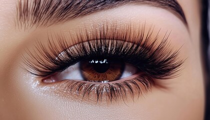 Obraz premium Extreme Long Eyelash Extensions Enhance The Female Eye In A Close-Up, Macro Image. Beauty And Cosmetics Showcase The Dramatic Effect.