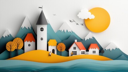 Fototapeta premium Scenic autumn landscape with snow capped mountain peaks quaint village houses nestled in the hills vibrant fall foliage and a glowing orange sunset sky