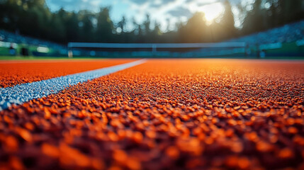 Fototapeta premium Close-up view of a vibrant tennis court with blue and orange textures and a white boundary line, emphasizing sports details