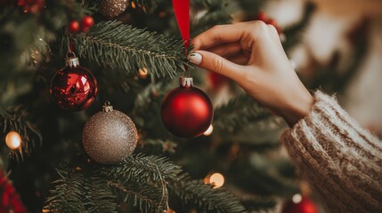 A hand gently adjusts a shiny red ornament on a beautifully decorated Christmas tree. Soft lights twinkle in the background, creating a festive atmosphere filled with joy.